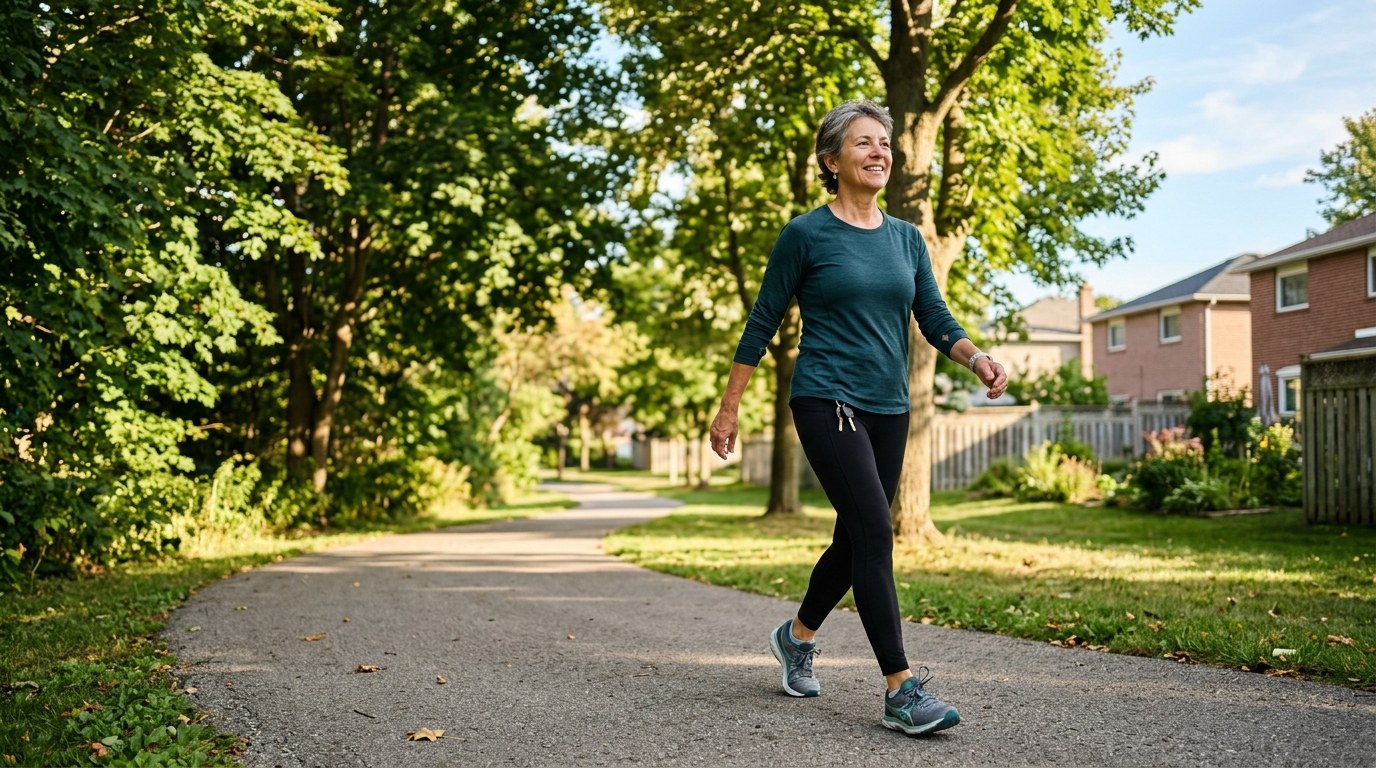 Active woman in her 50s walking outdoors on a sunny path